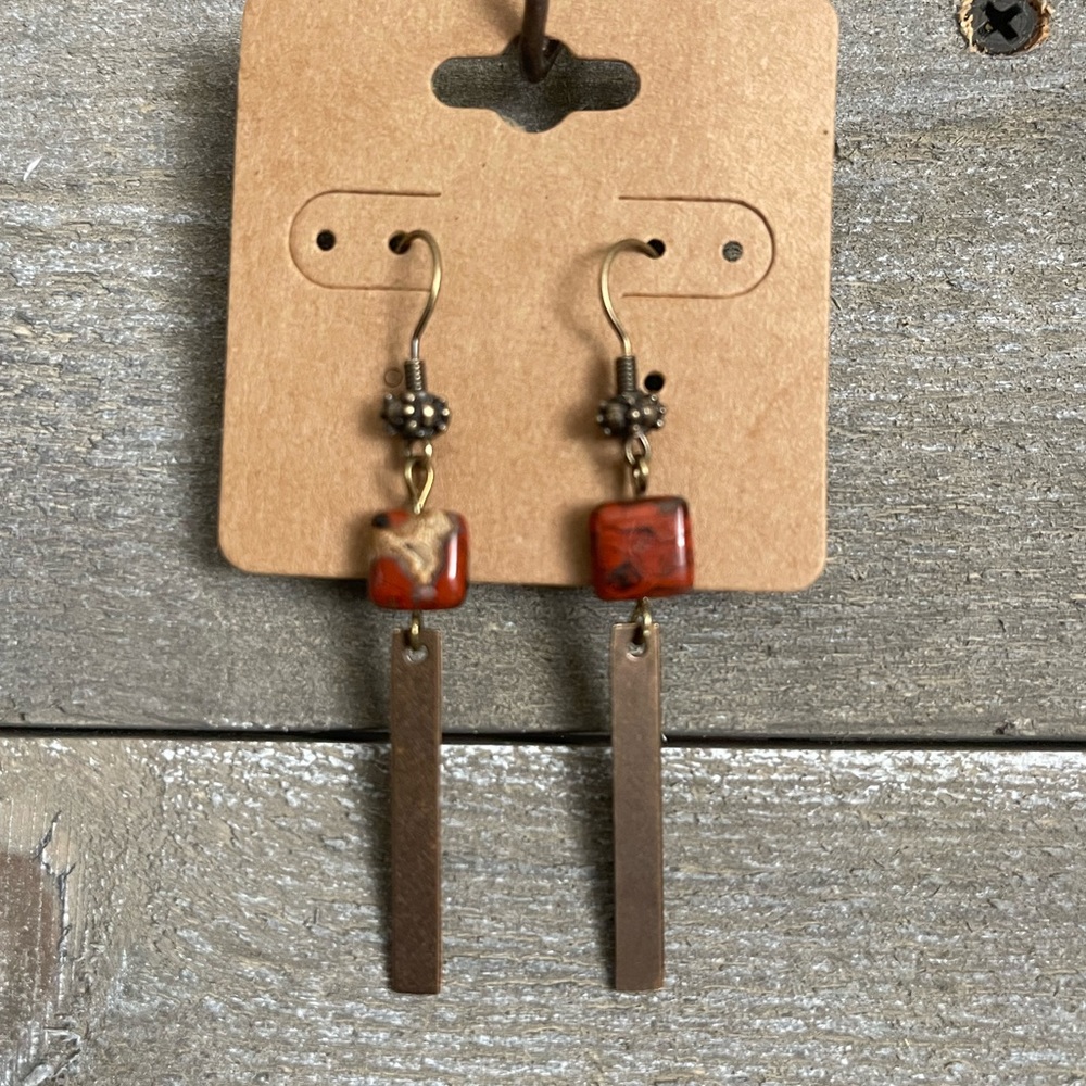 Handmade Fire Agate dangle earrings W/ Vintage Brass pendant.